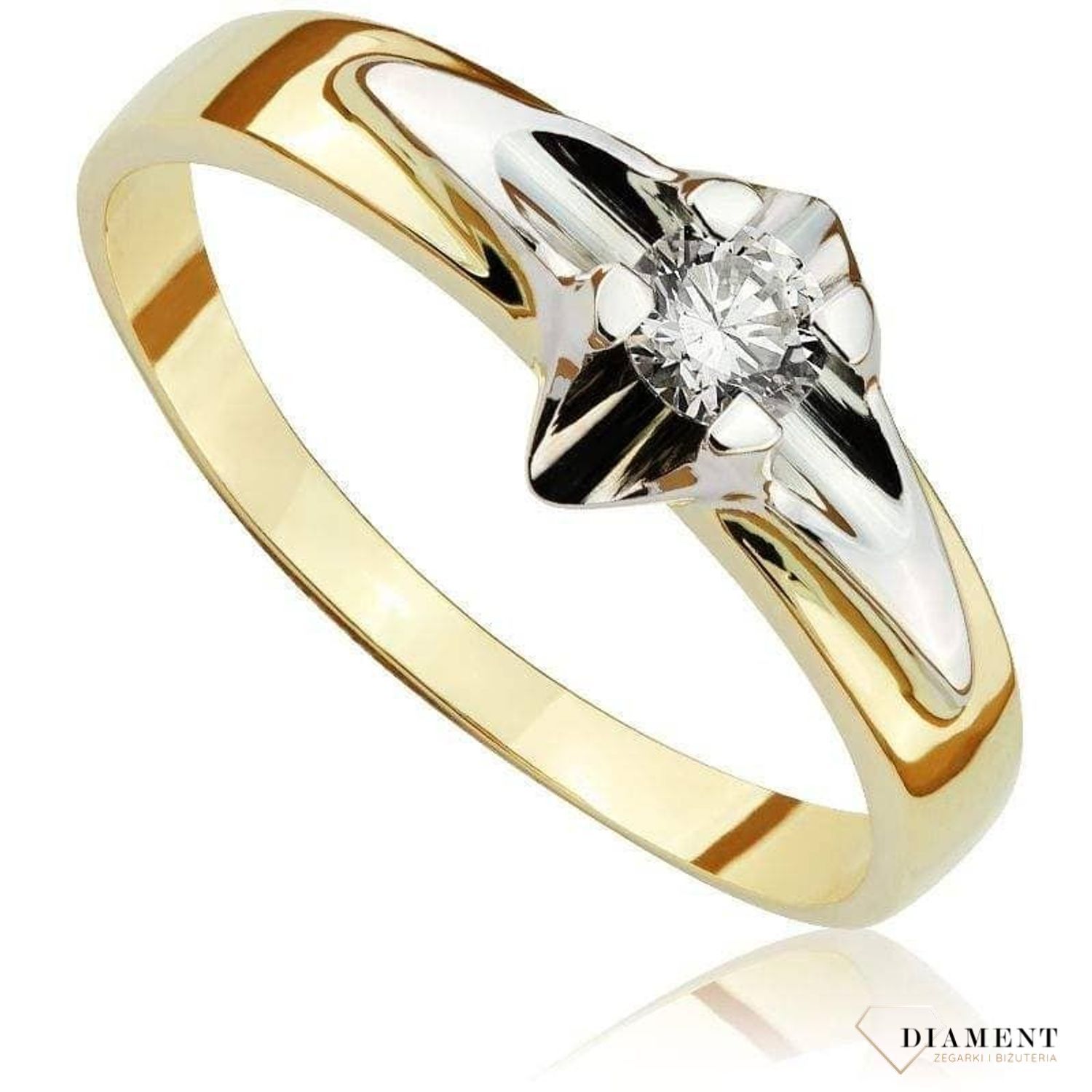 Pierścionek złoty DIAMENT żółte i białe złoto, jeden diament w białym złocie . Pierścionki zaręczynowe. Piękny pierścionek ozdobiony jednym brylantami.  0,10 ct M 15110..jpg